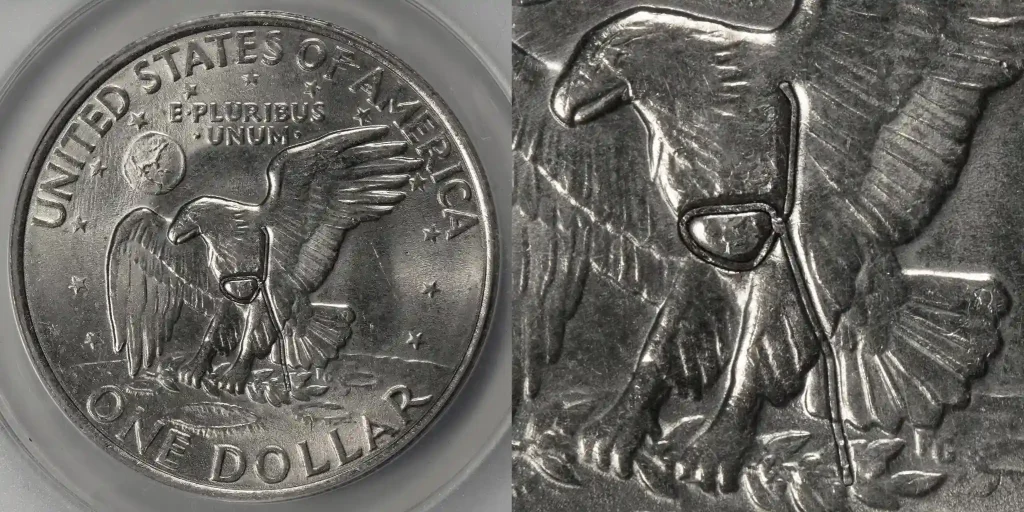 A picture of a 1971-D Eisenhower Dollar showing a visible wire impression from a struck-through mint error.