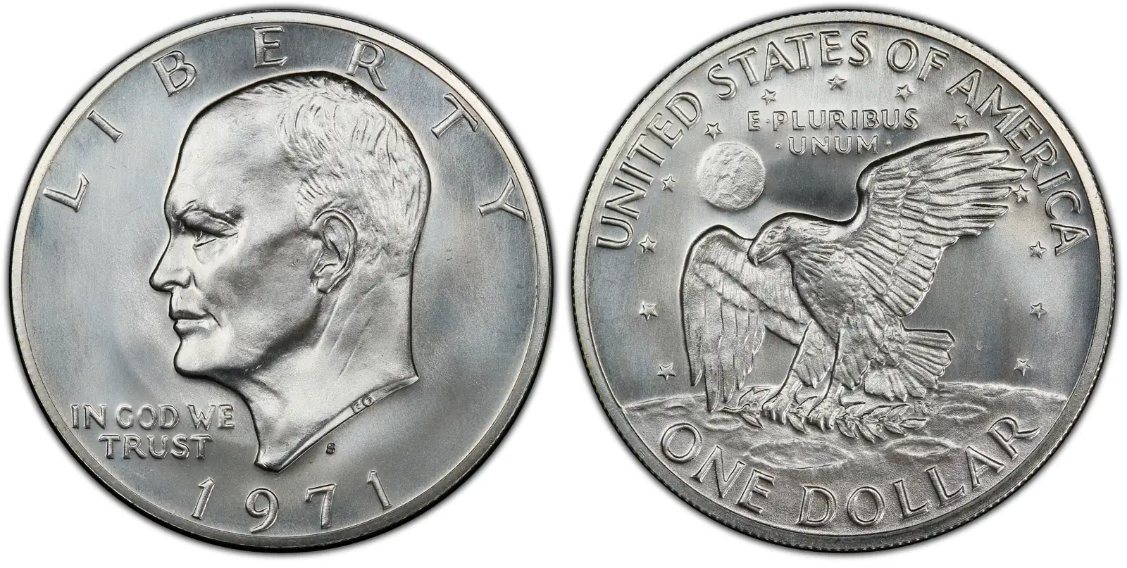 A picture of a rare 1971-S Eisenhower prototype dollar with semi-prooflike surfaces and visible die polishing.