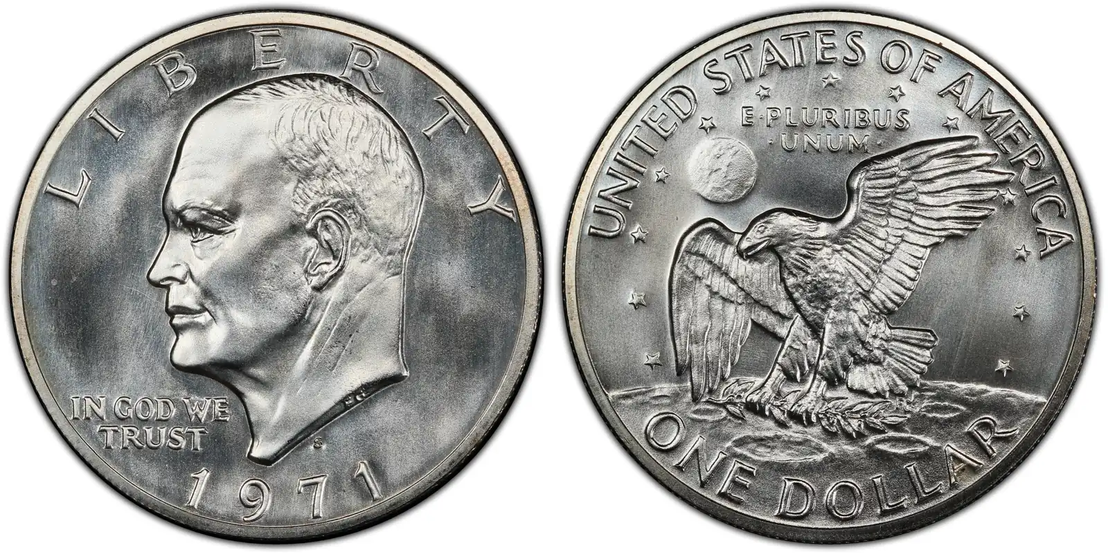 A picture of a historic 1971-S prototype Eisenhower Dollar with unique die features and experimental surfaces.