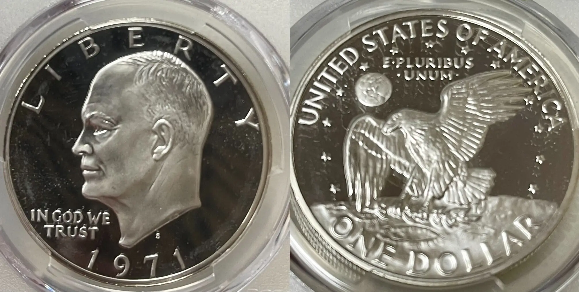 A picture of a 1971-S Silver Proof Eisenhower Dollar showing the distinctive Peg Leg "R" in LIBERTY.