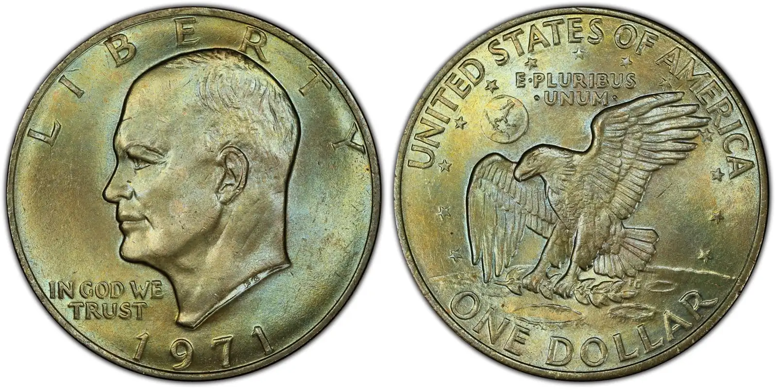 A picture of a 1971 Eisenhower Dollar from Philadelphia, showing soft strike details and minor circulation marks.