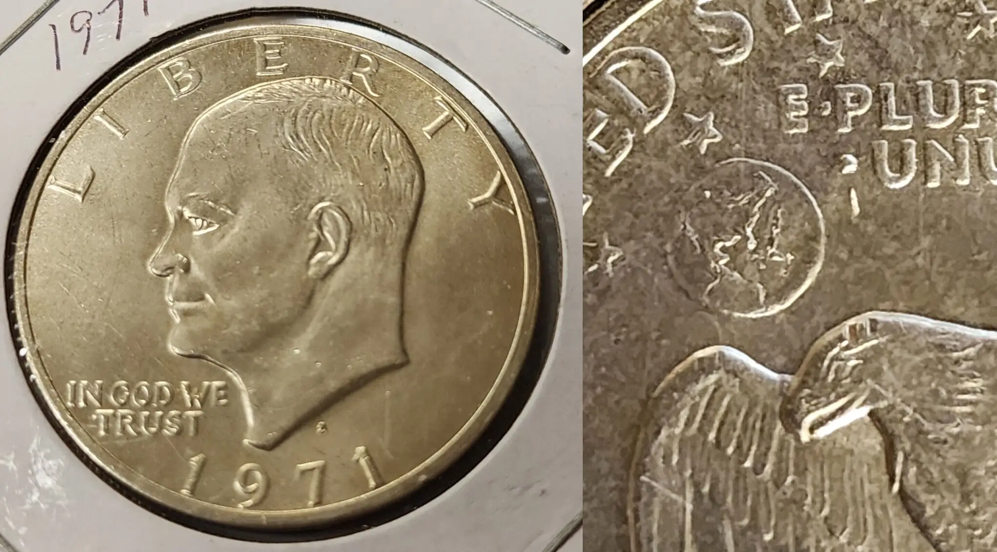 A picture of a 1971-S Eisenhower Dollar reverse with irregular raised features around the Earth.