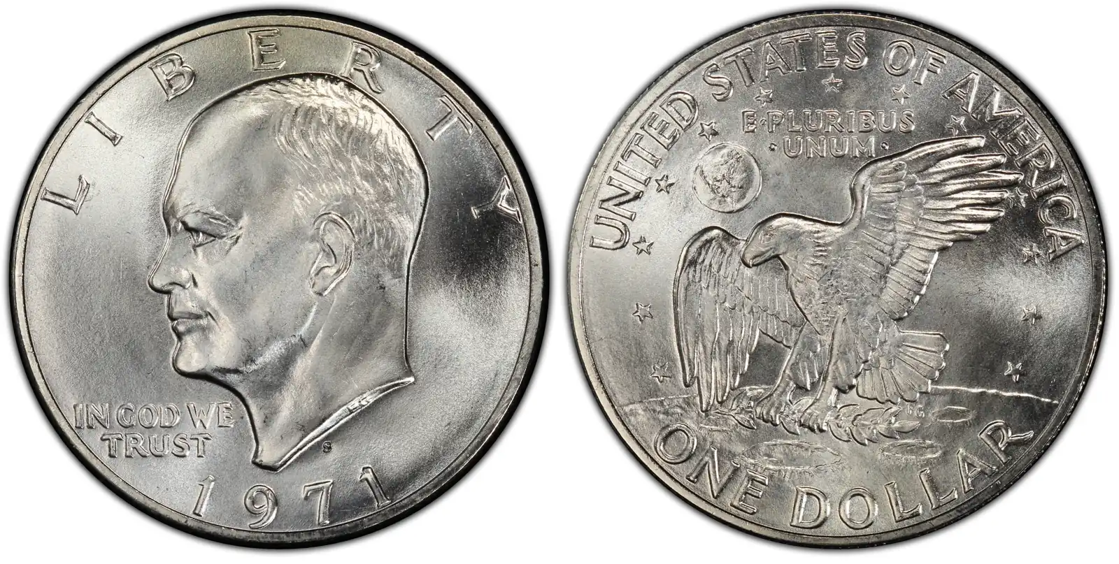 A picture of a 1971-S Eisenhower dollar, gleaming with frosty luster.
