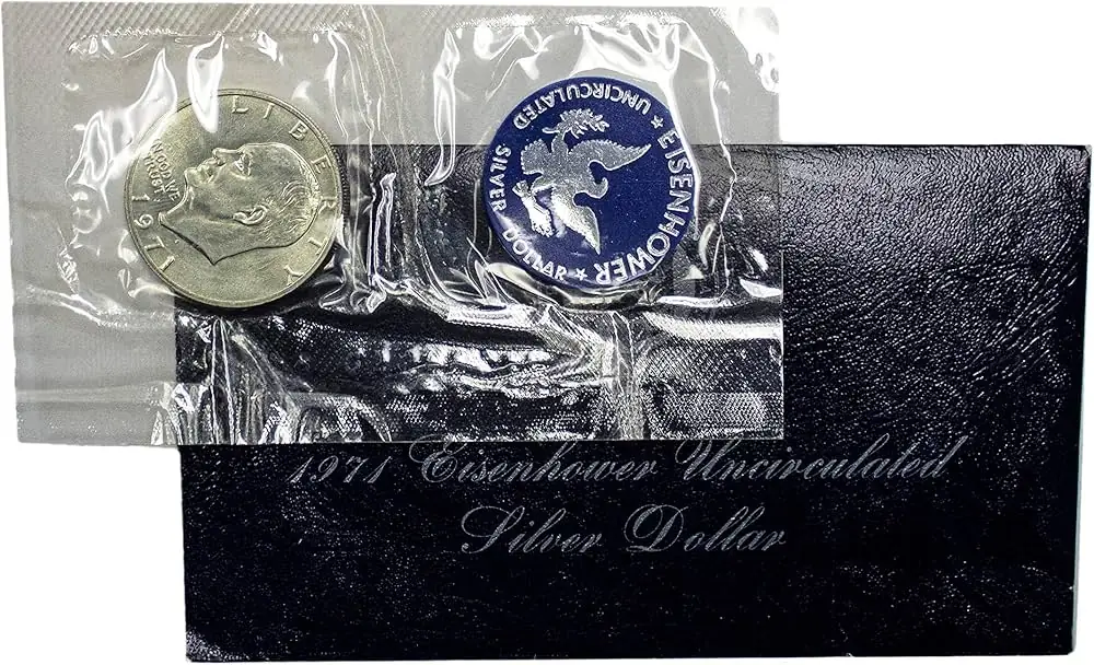 A picture of a 1971-S Uncirculated Eisenhower Silver Dollar in its original “Blue Pack” packaging, showing the coin and the blue envelope holder.